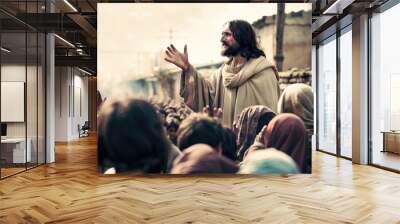 Jesus with his arms outstretched in the middle of crowd Wall mural