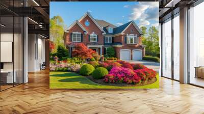 Luxury house exterior with brick and siding trim, double garage, and a big flowers garden Wall mural