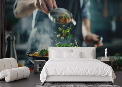 Male chef preparing vegetable vegetarian dish at a professional kitchen Wall mural