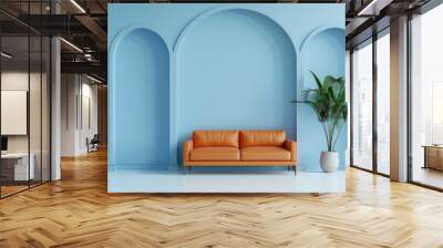 Minimalist living room with an orange leather sofa and blue walls, featuring arches for decor that create visual depth in the space Wall mural