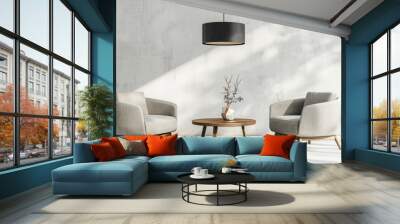 Modern minimalist interior design with white walls and a light grey floor and furniture. There is an elegant round coffee table in the center of the room with two armchairs on each side. Wall mural