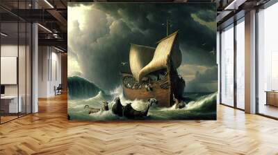 Noah's ark in a stormy sea, generative AI Wall mural