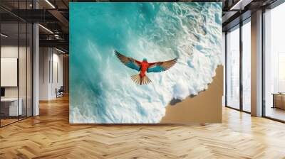 photo of a striped parrot flying over the beach Wall mural