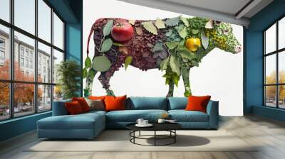 Plant-based meat created cow made of plants and fruits on white background, generative AI Wall mural