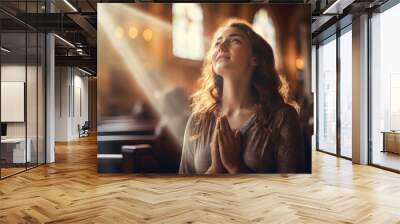 Prayer, christian and worship with woman in church for god Wall mural