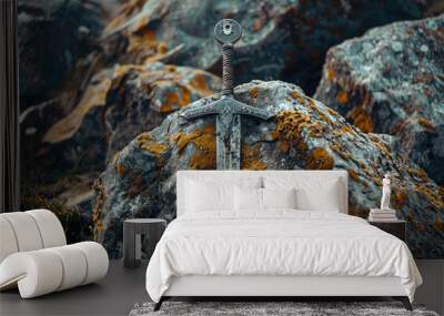 Sword stuck in a rock like in the Excalibur, the mythical sword of king Arthur Wall mural