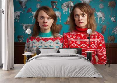 two women in ugly christmas knit sweaters pose hysterically on blue background Wall mural