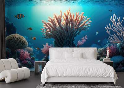 Underwater coral reef, sea coral lagoon, and ocean ecology, generative AI Wall mural