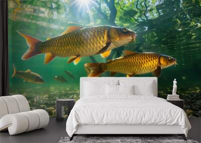 underwater photo of a group of carp swimming in the river, fish underwater in clear water, pebbles on the bottom, sunlight shining through the surface Wall mural