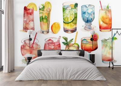 Watercolor illustration of drinks and cocktails collection on white background, generative AI Wall mural