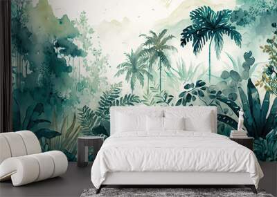 Watercolor pattern wallpaper, digital painting of the Amazon forest landscape, generative AI Wall mural