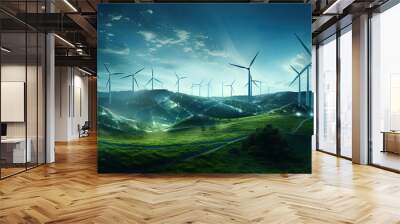 wind turbines in a green field at sunset Wall mural