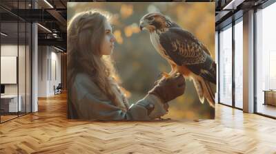 Woman with a red-tailed hawk on gloved hand outdoors Wall mural