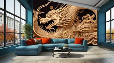 zodiac dragon with lanterns and cherry blossoms in background, chinese new year, generative AI Wall mural