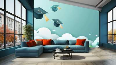 A blue sky with four graduation caps flying in the air. The caps are scattered throughout the sky, with some higher up and others lower down. Concept of accomplishment and celebration Wall mural