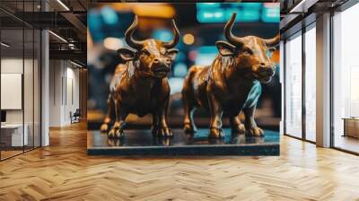 A close-up of two bronze bull sculptures symbolizing financial strength and market optimism in a trading environment. Wall mural