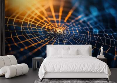 A close-up view of a beautifully intricate spider web illuminated by soft, glowing lights creating a mesmerizing effect. Wall mural