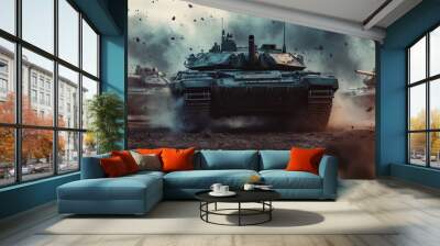 A dramatic battlefield scene featuring tanks amidst explosions and smoke, capturing the intensity of warfare in action. Wall mural