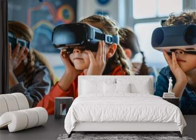 A group of children are wearing virtual reality goggles and looking at a computer screen. Scene is playful and fun, as the children are engaged in a new and exciting activity Wall mural