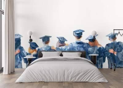 A group of graduates are standing together in blue graduation gowns. Concept of unity and accomplishment among the graduates as they celebrate their achievements Wall mural