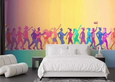 A group of people are walking in a rainbow line. The people are holding rainbow flags and are wearing rainbow colors. Concept of unity and diversity, as people of different ages Wall mural