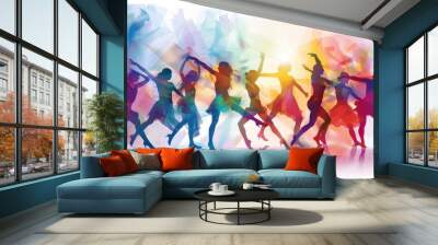 A group of women are dancing in a colorful line. Concept of joy and celebration, as the women are all dressed in bright colors and are moving in unison Wall mural