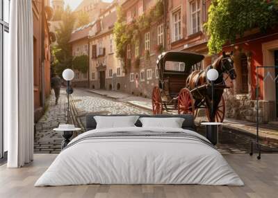 A horse and carriage ride down a cobblestone street. The scene is set in a small town with a lot of buildings Wall mural