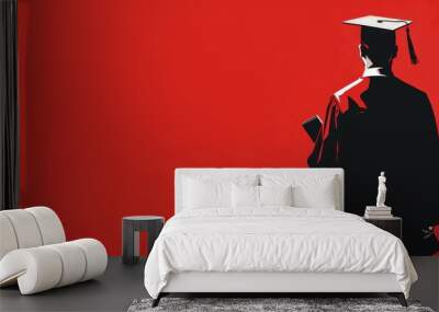 A man in a graduation gown is holding a book. The image is red and black. The man is looking at the camera Wall mural