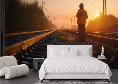 A man in an orange safety vest stands on a railroad track. The sun is setting in the background, casting a warm glow over the scene. The man is inspecting the tracks Wall mural