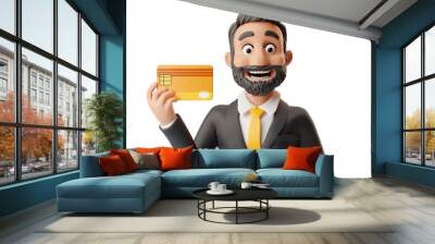 A man is holding a credit card and smiling. Concept of confidence and success Wall mural