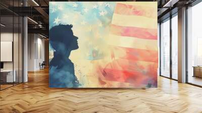 A man is standing in front of an American flag. The man is looking at the flag with a sense of longing. The flag is red, white, and blue, and it is waving in the wind Wall mural