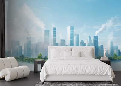 A modern skyline featuring skyscrapers emerging from fog, showcasing the beauty of urban architecture and nature's touch. Wall mural