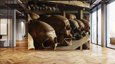 A row of skulls are displayed in a museum Wall mural