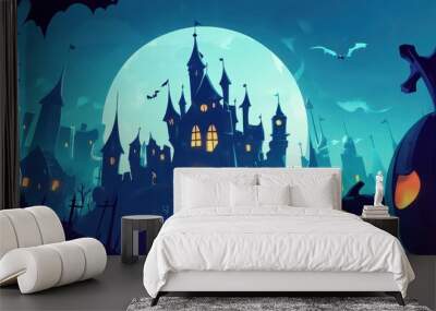 A spooky Halloween scene with a haunted castle, glowing pumpkins, and a full moon illuminating the dark sky. Wall mural