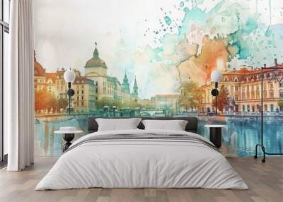 A watercolor painting of a city with a river running through it. The buildings are tall and the water is calm Wall mural