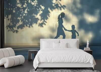 A woman and a child are walking together in the sun. The woman is holding the child's hand Wall mural