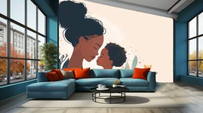 A woman is holding a baby in her arms. The baby is black and the woman is wearing a yellow shirt. Concept of warmth and love between the mother and child Wall mural