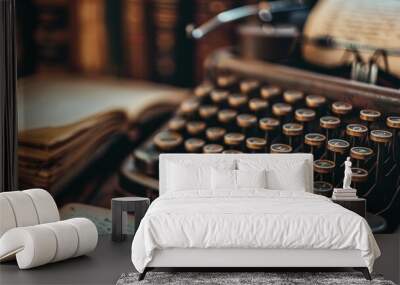 An old typewriter sits on a table next to a book. The typewriter is old and has a vintage look to it. The book is open to a page with writing on it Wall mural