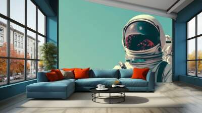 Astronaut in spacesuit with fishbowl helmet against blue background Wall mural