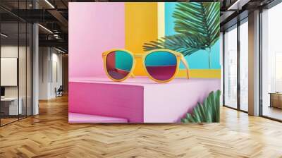 Colorful sunglasses on geometric pedestals with tropical leaves. Perfect summer and fashion shot for lifestyle and advertisement. Wall mural