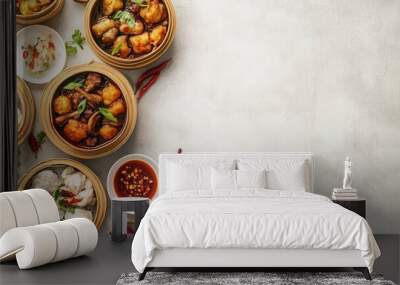 Delicious assortment of dim sum served in bamboo baskets with vibrant ingredients and sauces, perfect for food lovers. Wall mural