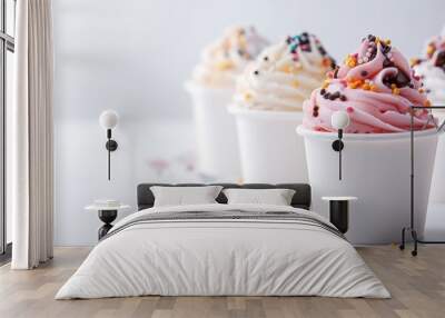 Delicious ice cream cups with vibrant sprinkles, perfect for summer treats and dessert cravings. Wall mural