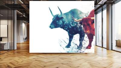 Dynamic image of two vibrant bulls symbolizing strength and resilience, ideal for agricultural or wildlife themes. Wall mural