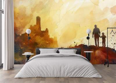 Father and son watching the sunset over the city. Watercolor painting. Wall mural