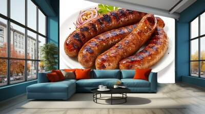 Grilled sausages on a plate isolated on white background Wall mural