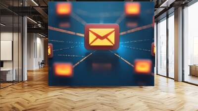 Illustration of email networking concept with glowing email icons connected by lines, symbolizing communication and connectivity. Wall mural