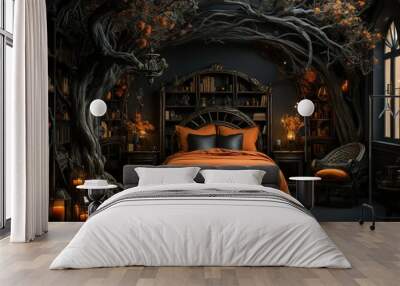 Spooky halloween decorated interior of a bedroom Wall mural