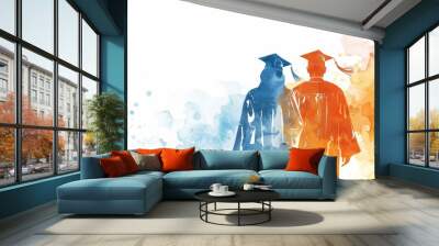 Two graduates are walking together, one in a blue gown and the other in an orange gown. Concept of accomplishment and pride in their achievements Wall mural