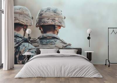 Two soldiers in camouflage uniforms standing together, showcasing unity and camaraderie in a military environment. Wall mural