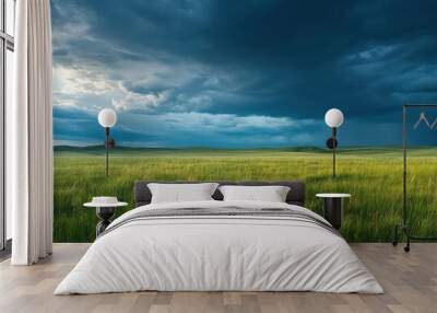 Vast green field under a dramatic stormy sky, nature's beauty captured beautifully. Wall mural